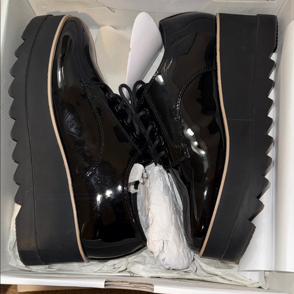 Aldo Black Patent Platform Lace-Up Boots